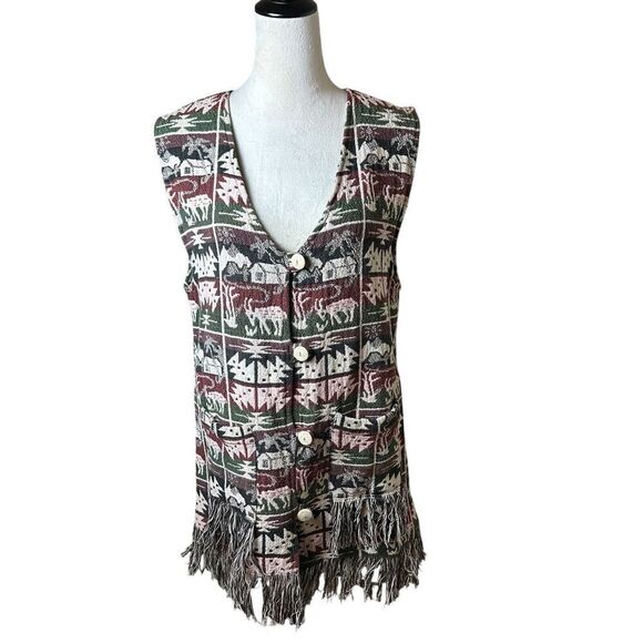 Vintage Jackets & Blazers - 90s Vintage Tapestry Relaxed Rug Vest Pockets Fringe Large Boho Western Farm